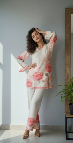 Woman wearing a floral top and white pants standing against a light gray wall.