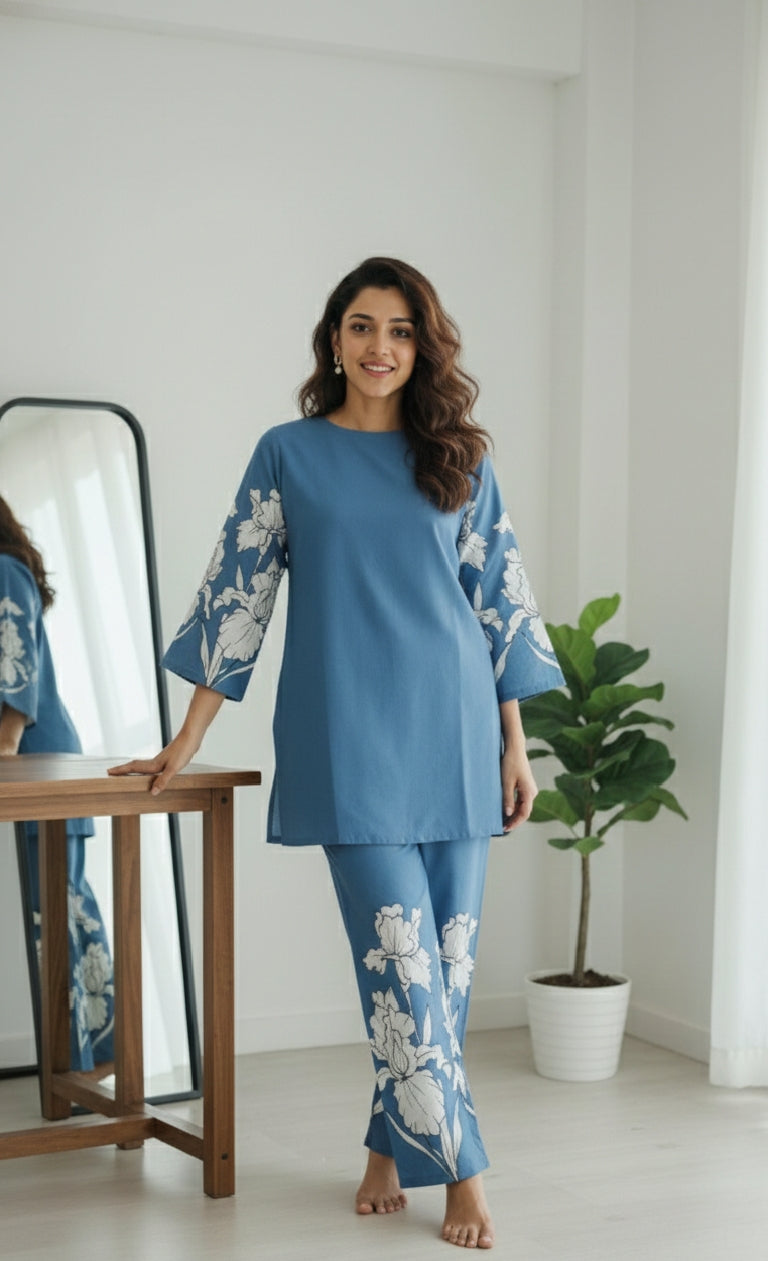 "Suvanya Beautique Blue Flower SKU-3091: Premium Rayon Slub Pure Print Co-ord Set with Full Sleeves and Matching Palazzo, Sizes M-XXXL."