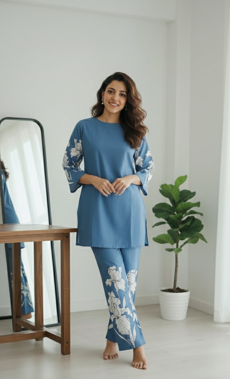 "Suvanya Beautique Blue Flower SKU-3091: Premium Rayon Slub Pure Print Co-ord Set with Full Sleeves and Matching Palazzo, Sizes M-XXXL."