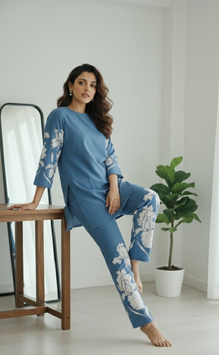 "Suvanya Beautique Blue Flower SKU-3091: Premium Rayon Slub Pure Print Co-ord Set with Full Sleeves and Matching Palazzo, Sizes M-XXXL."