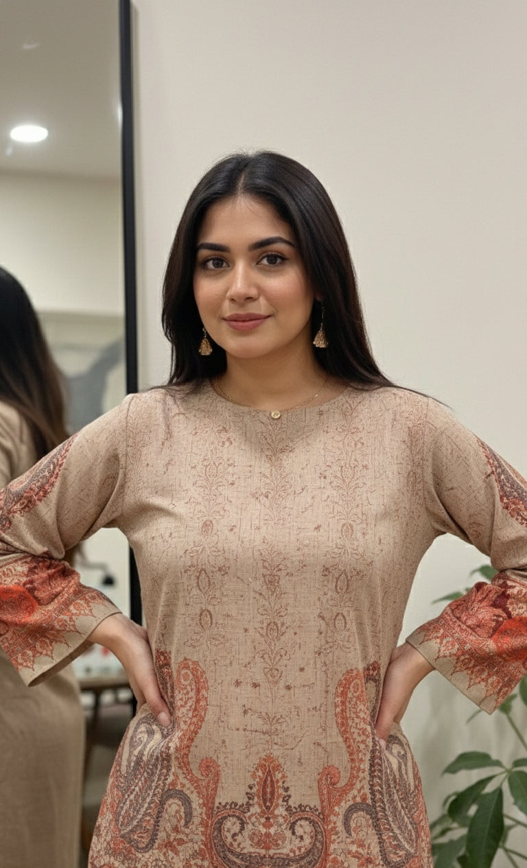 A Timeless Pure Print Design with Full Sleeves and Regular Fit Palazzos, Sizes M-XXXL."