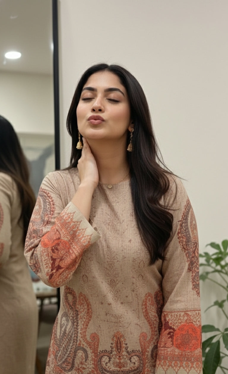 A Timeless Pure Print Design with Full Sleeves and Regular Fit Palazzos, Sizes M-XXXL."