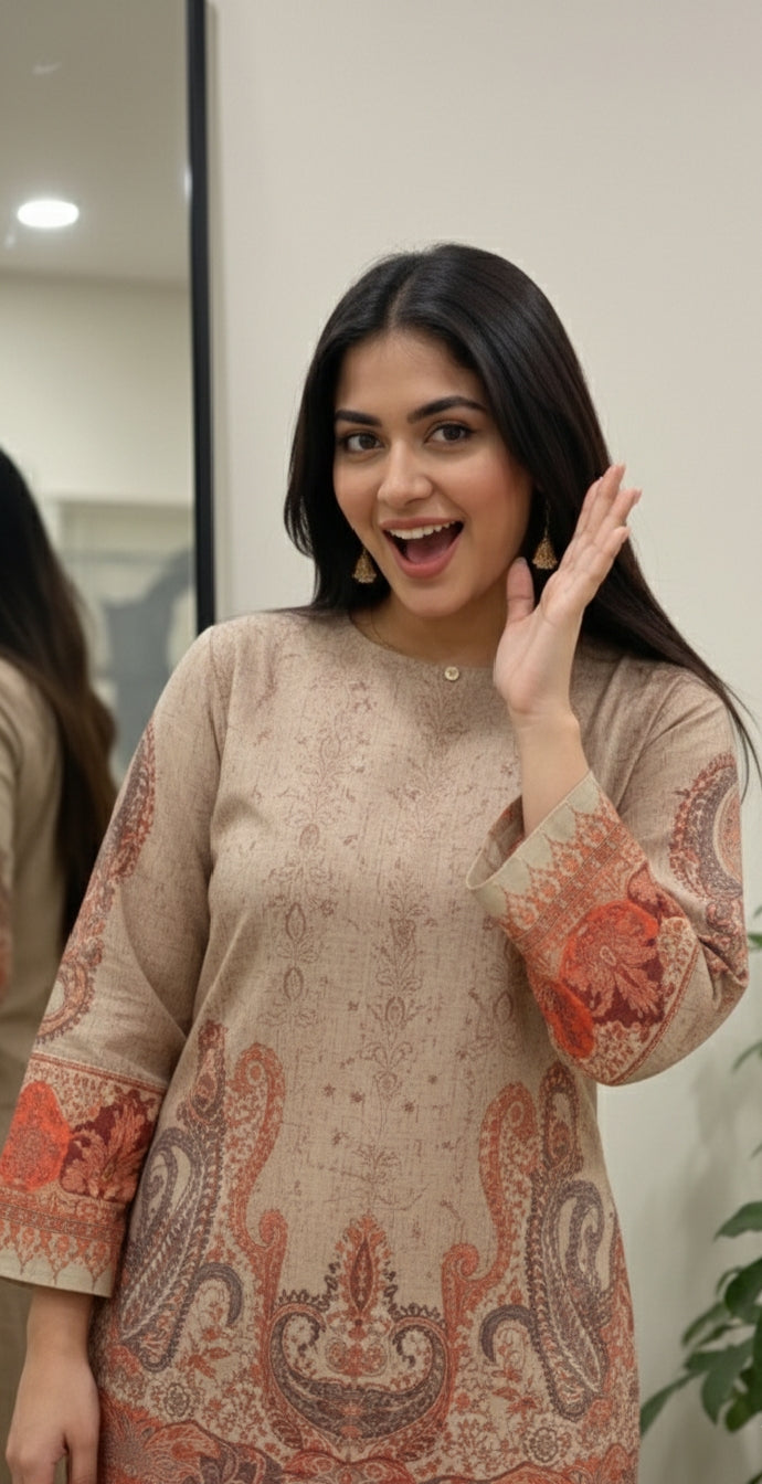 A Timeless Pure Print Design with Full Sleeves and Regular Fit Palazzos, Sizes M-XXXL."