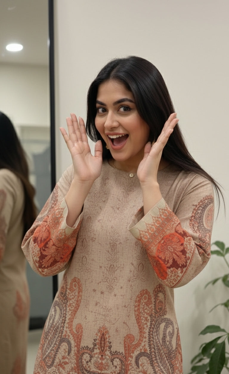 A Timeless Pure Print Design with Full Sleeves and Regular Fit Palazzos, Sizes M-XXXL."