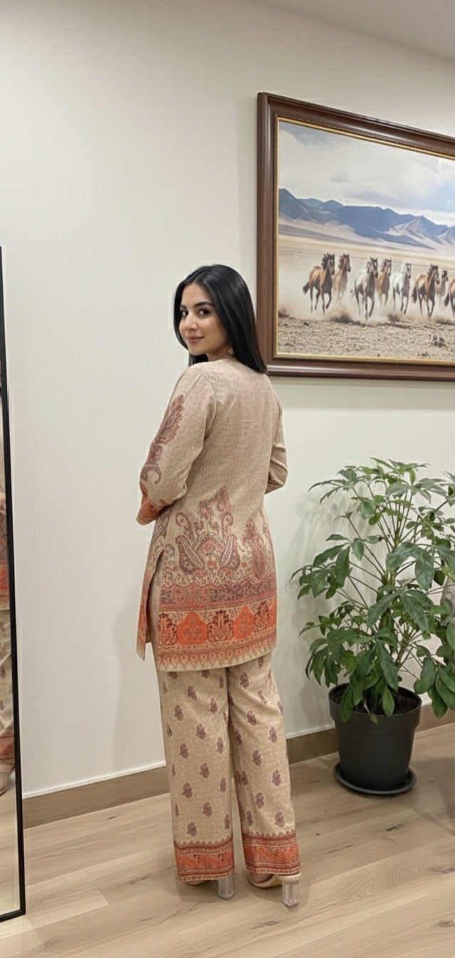 A Timeless Pure Print Design with Full Sleeves and Regular Fit Palazzos, Sizes M-XXXL."