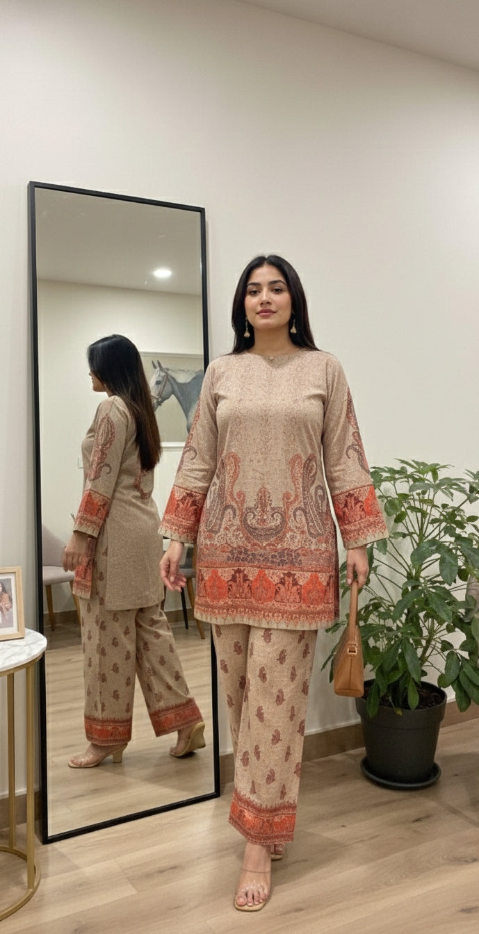 A Timeless Pure Print Design with Full Sleeves and Regular Fit Palazzos, Sizes M-XXXL."