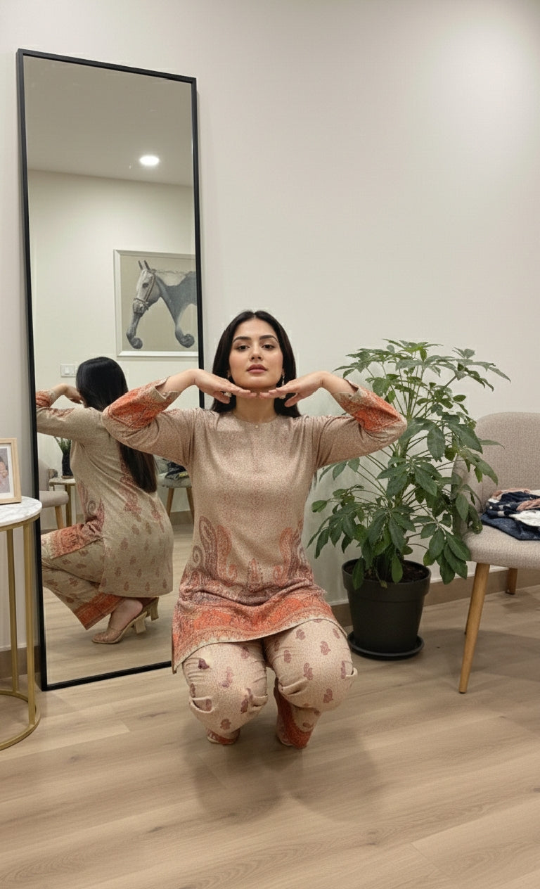 A Timeless Pure Print Design with Full Sleeves and Regular Fit Palazzos, Sizes M-XXXL."