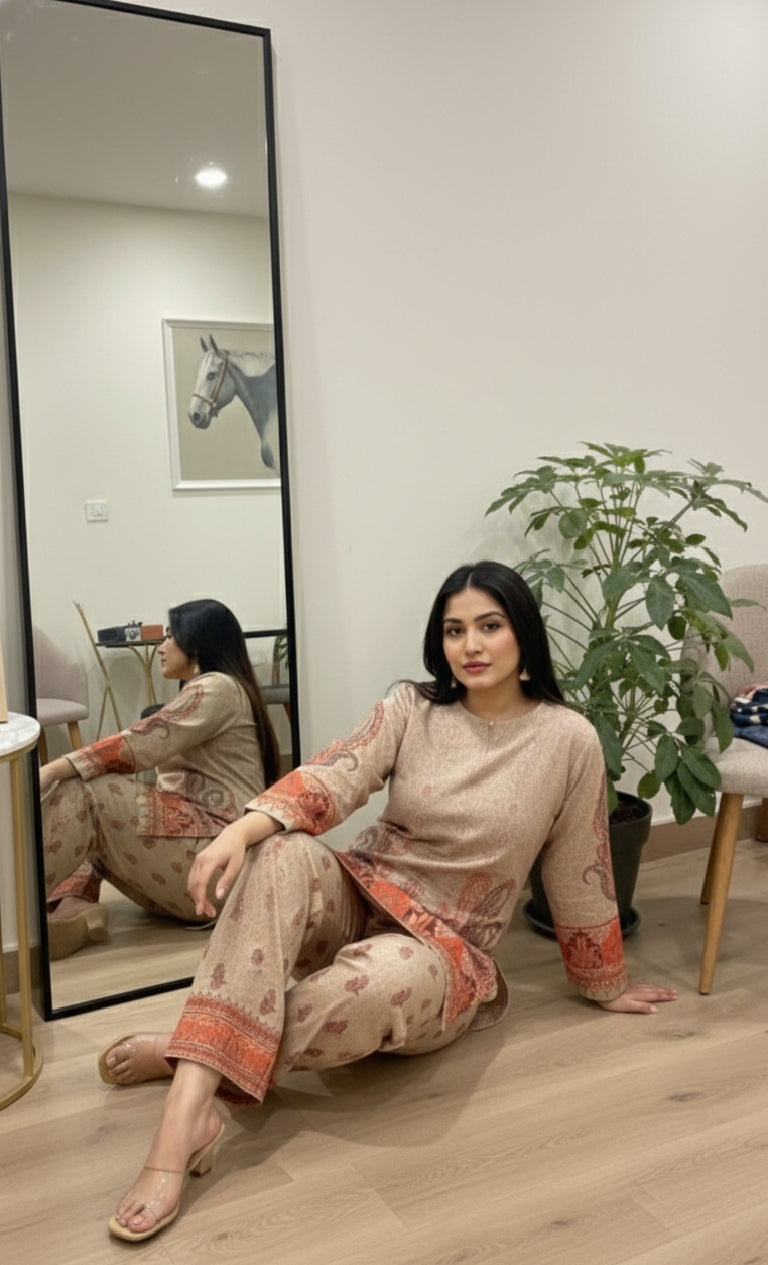 A Timeless Pure Print Design with Full Sleeves and Regular Fit Palazzos, Sizes M-XXXL."