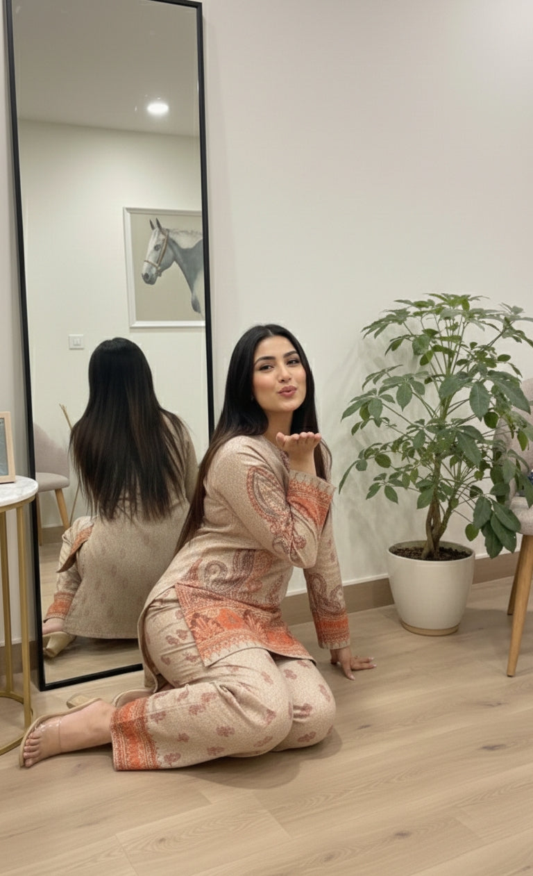 A Timeless Pure Print Design with Full Sleeves and Regular Fit Palazzos, Sizes M-XXXL."