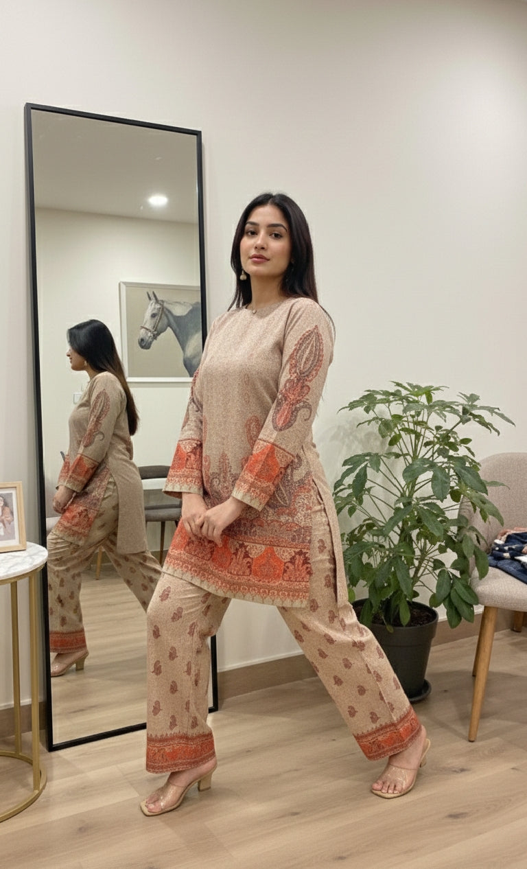 A Timeless Pure Print Design with Full Sleeves and Regular Fit Palazzos, Sizes M-XXXL."