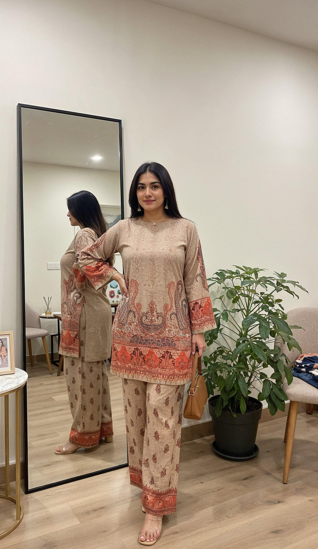 A Timeless Pure Print Design with Full Sleeves and Regular Fit Palazzos, Sizes M-XXXL."