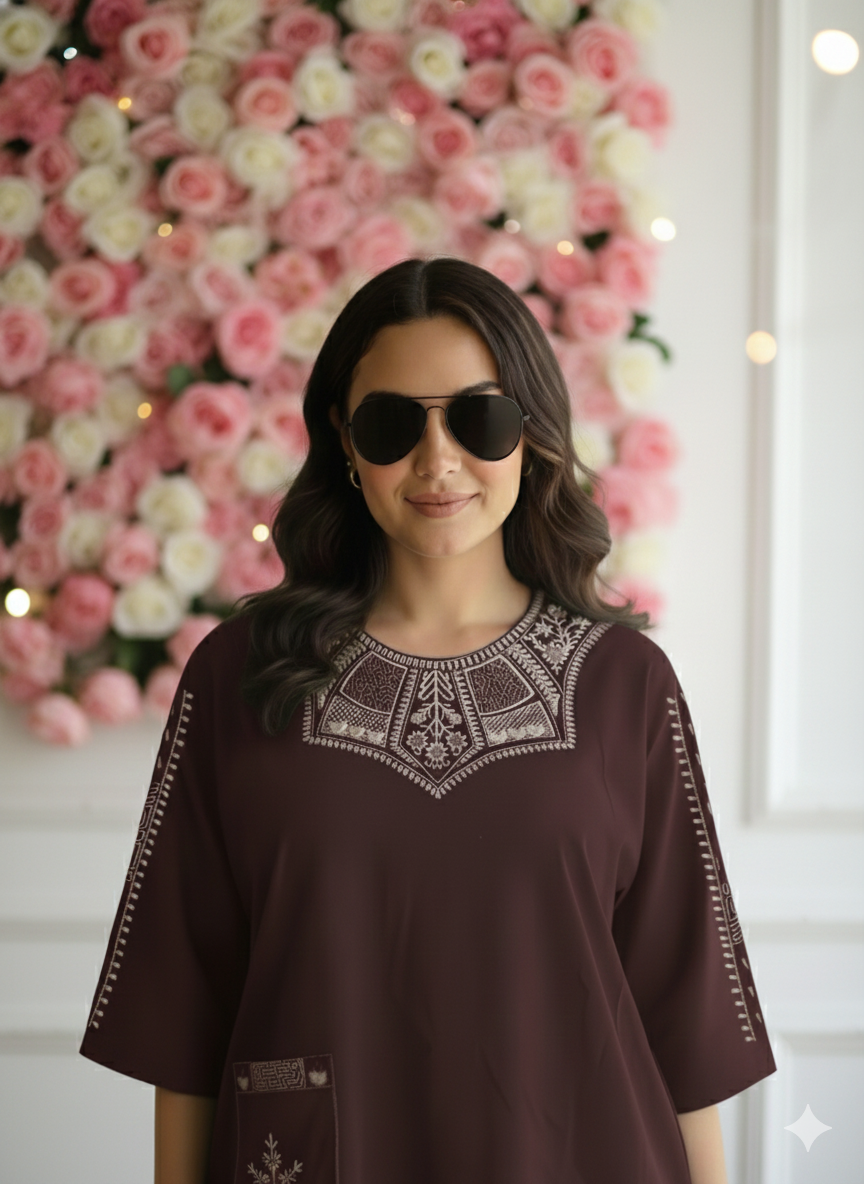 "Suvanya Beautique Premium Pure Rayon Co-ord Set with Pure Viscose Embroidery, Available in 4 Vibrant Colors, Sizes S-XXL."