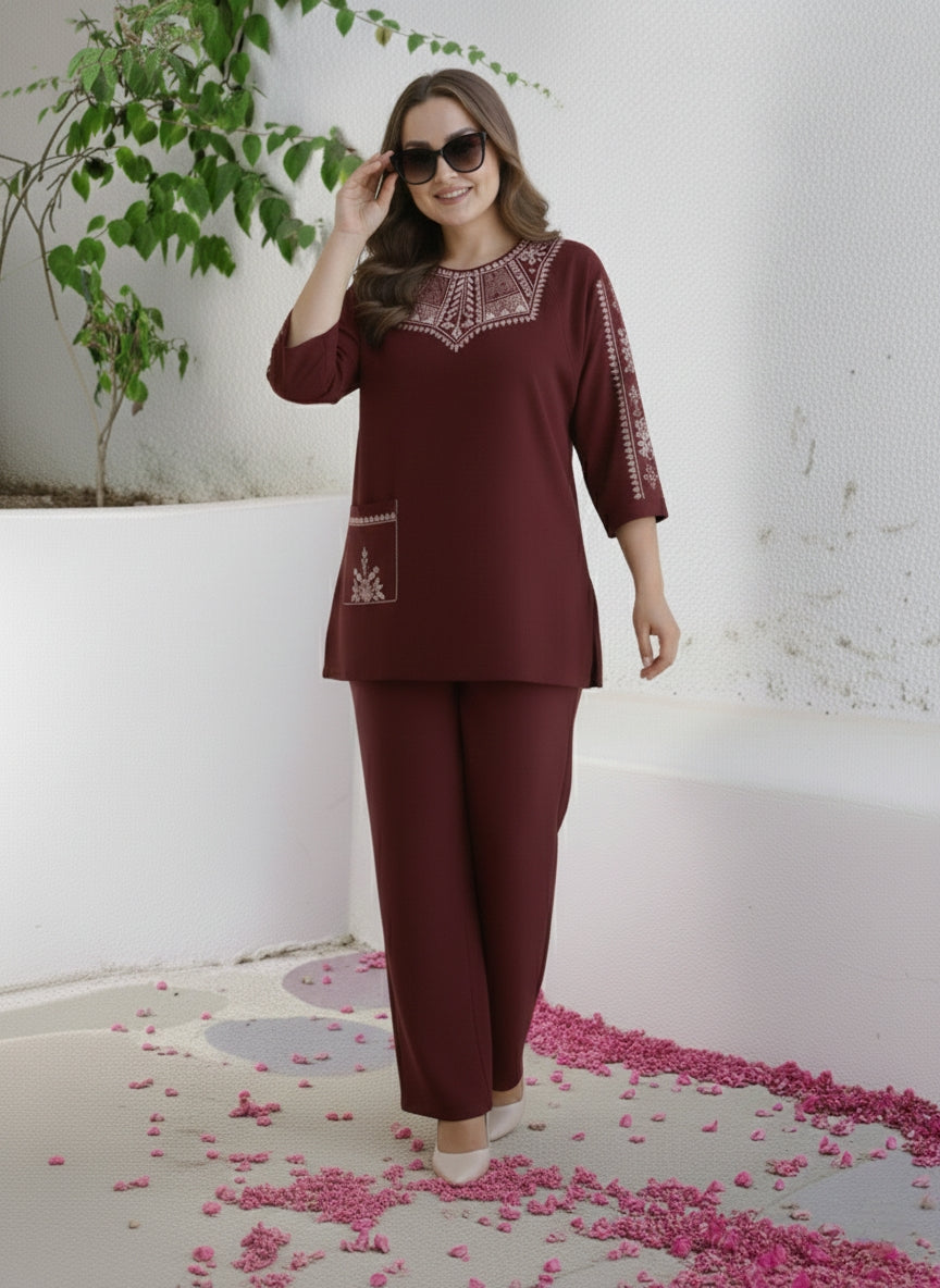 "Suvanya Beautique Premium Pure Rayon Co-ord Set with Pure Viscose Embroidery, Available in 4 Vibrant Colors, Sizes S-XXL."