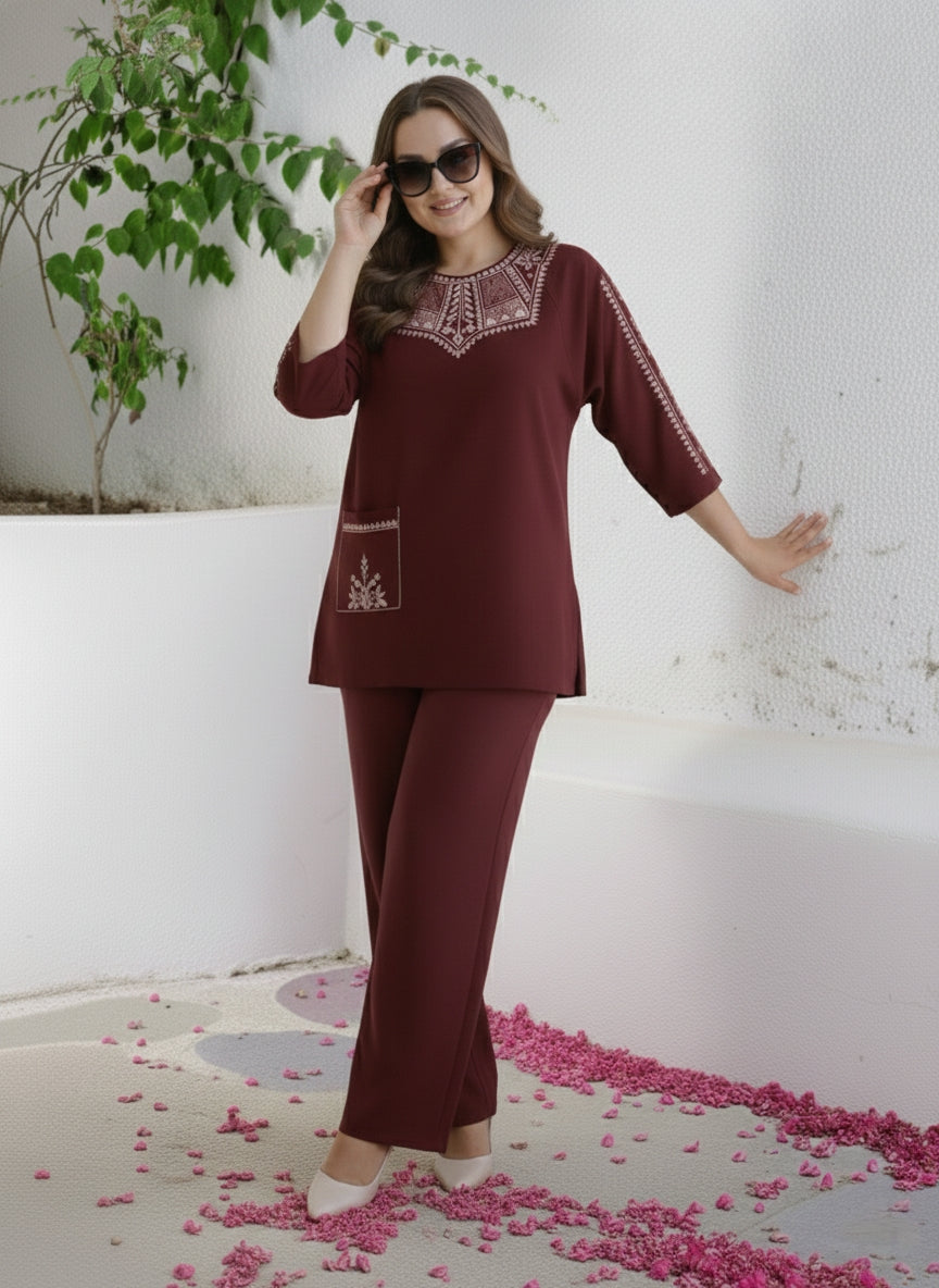 "Suvanya Beautique Premium Pure Rayon Co-ord Set with Pure Viscose Embroidery, Available in 4 Vibrant Colors, Sizes S-XXL."