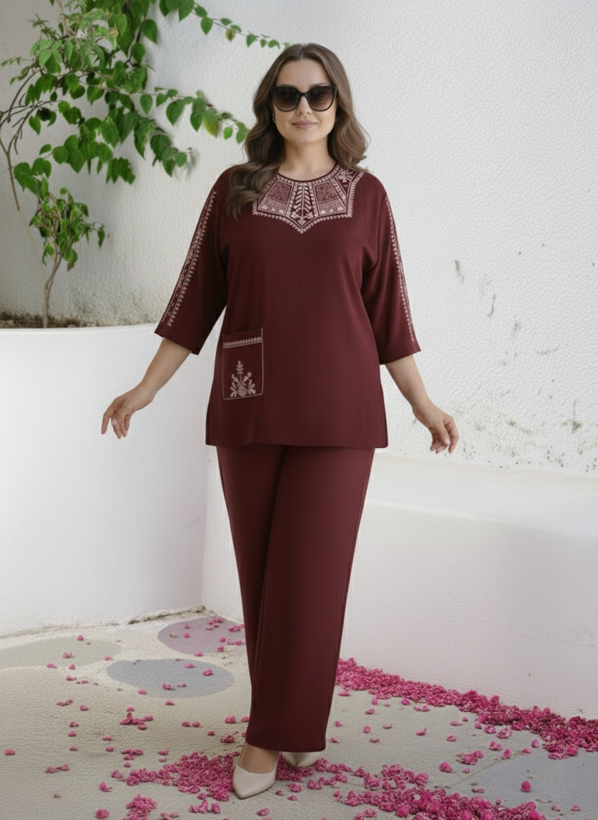 "Suvanya Beautique Premium Pure Rayon Co-ord Set with Pure Viscose Embroidery, Available in 4 Vibrant Colors, Sizes S-XXL."