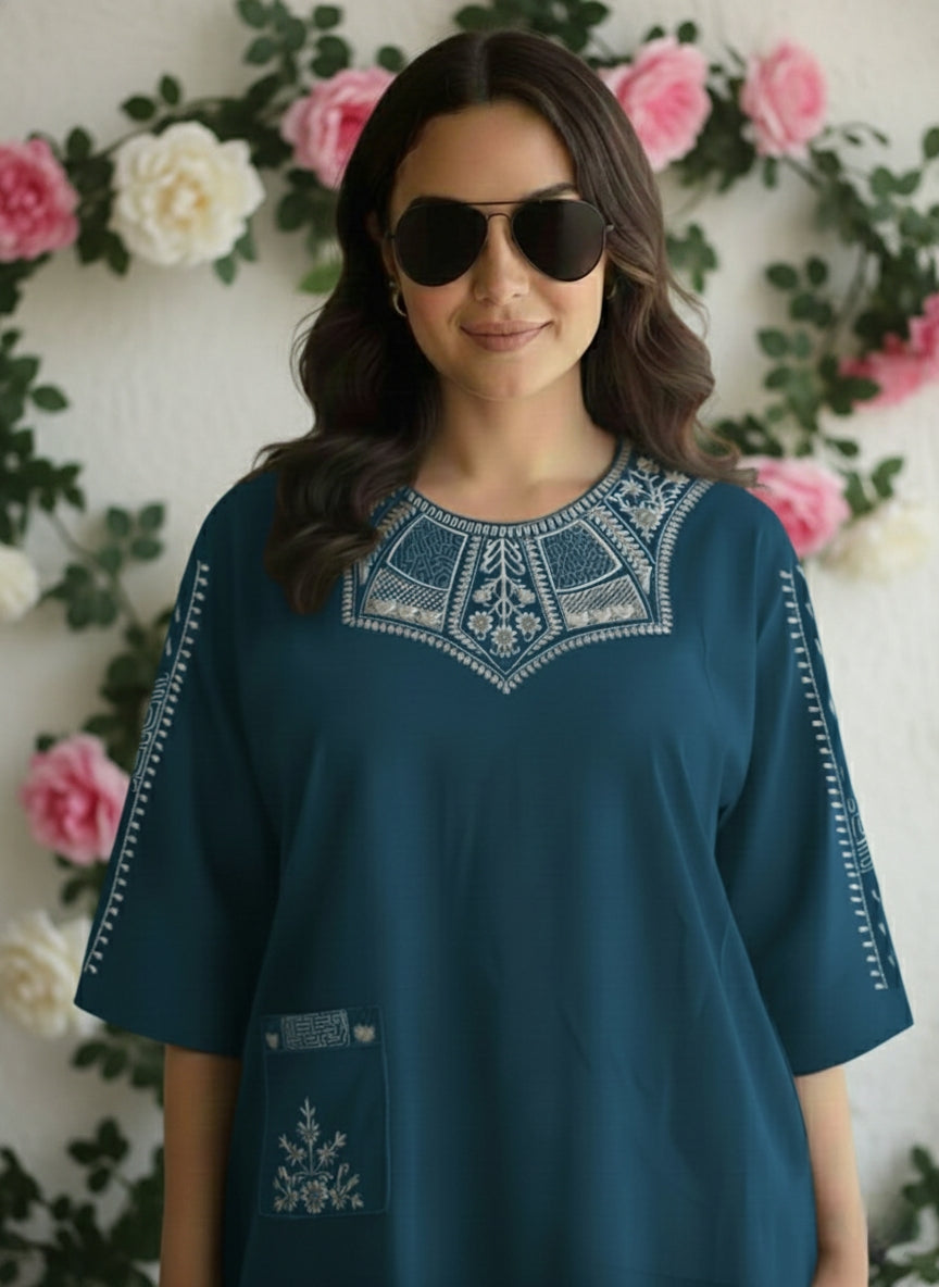 "Suvanya Beautique Premium Pure Rayon Co-ord Set with Pure Viscose Embroidery, Available in 4 Vibrant Colors, Sizes S-XXL."