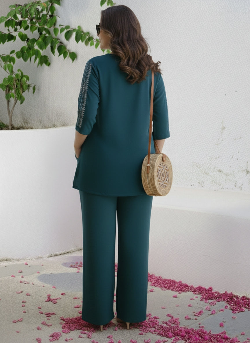 "Suvanya Beautique Premium Pure Rayon Co-ord Set with Pure Viscose Embroidery, Available in 4 Vibrant Colors, Sizes S-XXL."