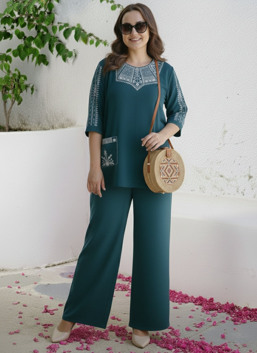 "Suvanya Beautique Premium Pure Rayon Co-ord Set with Pure Viscose Embroidery, Available in 4 Vibrant Colors, Sizes S-XXL."