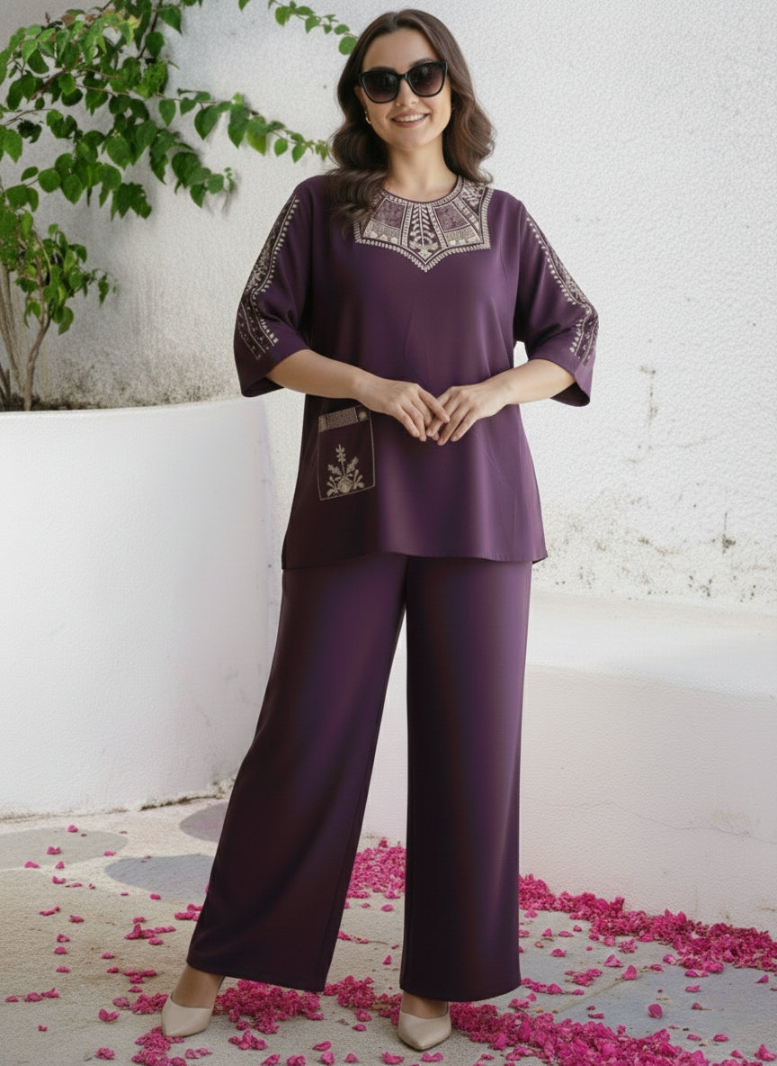 "Suvanya Beautique Premium Pure Rayon Co-ord Set with Pure Viscose Embroidery, Available in 4 Vibrant Colors, Sizes S-XXL."