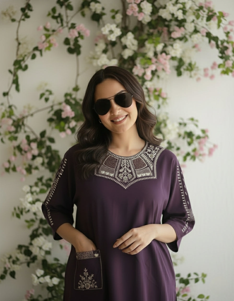 "Suvanya Beautique Premium Pure Rayon Co-ord Set with Pure Viscose Embroidery, Available in 4 Vibrant Colors, Sizes S-XXL."