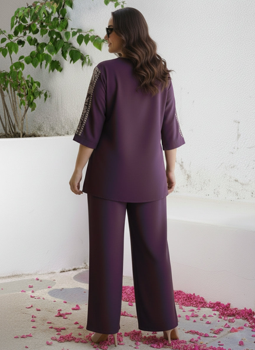 "Suvanya Beautique Premium Pure Rayon Co-ord Set with Pure Viscose Embroidery, Available in 4 Vibrant Colors, Sizes S-XXL."